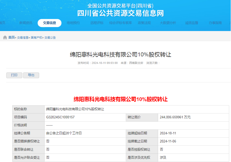 底價24.4億元，綿陽惠科轉(zhuǎn)讓10%股權(quán)